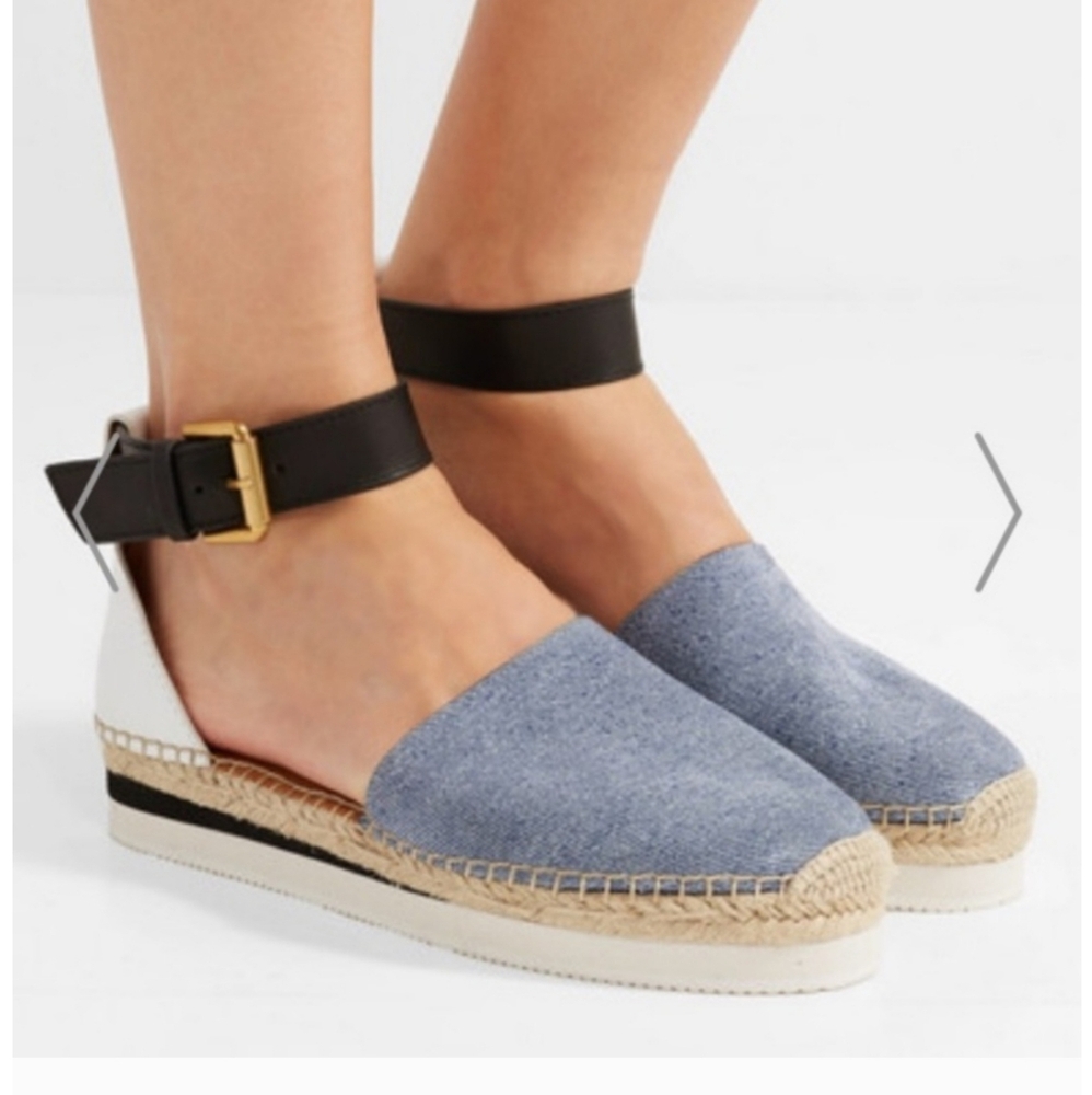 See by Chloé Leather and Denim Platform Espadrilles- Light Denim